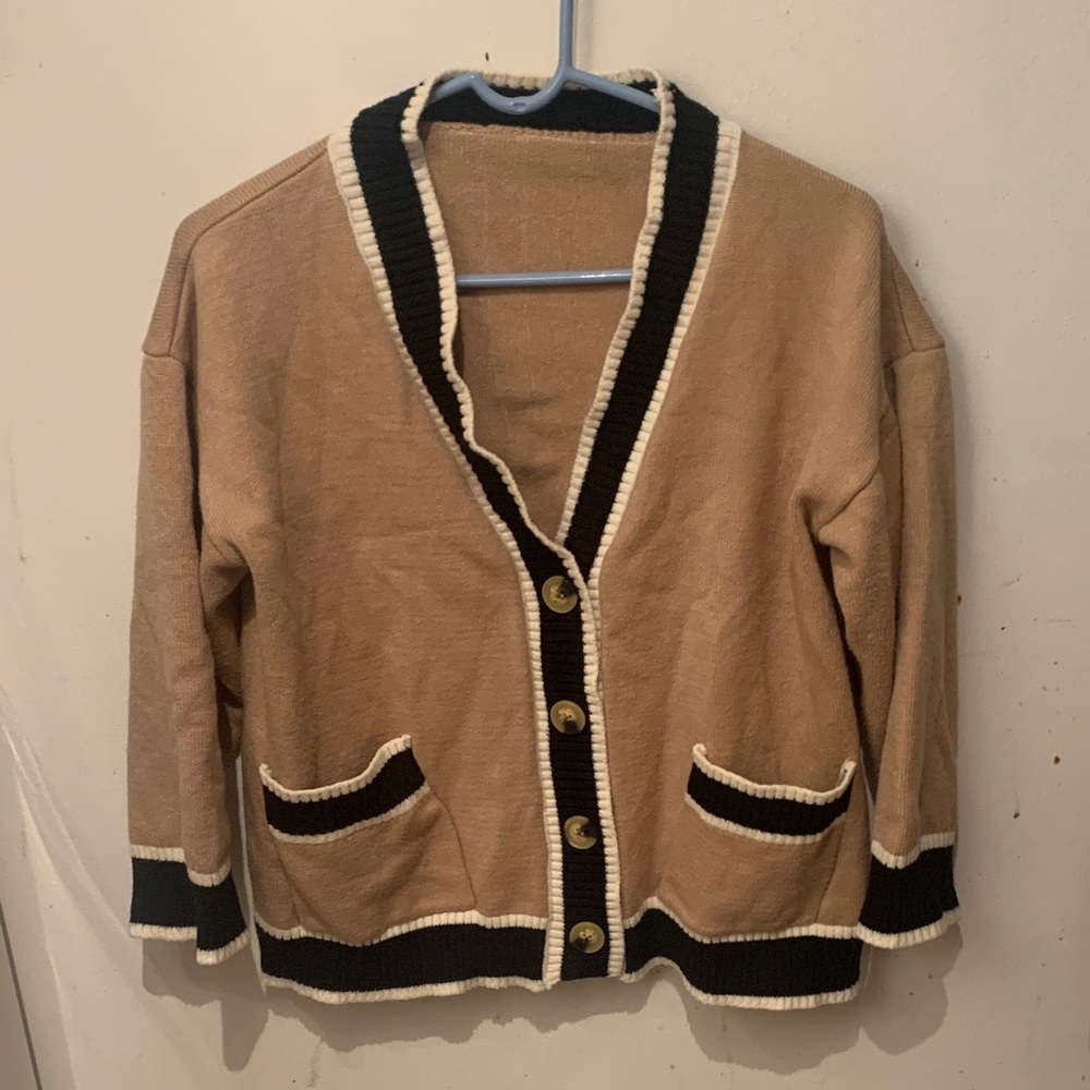 Gorgeous Black and Tan Women's Full Button Up Cardigan Sweater SZ M